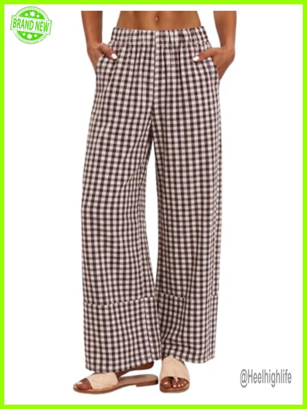 Linen Wide Leg High Waist Pants Elastic Waist Pull On with Pockets